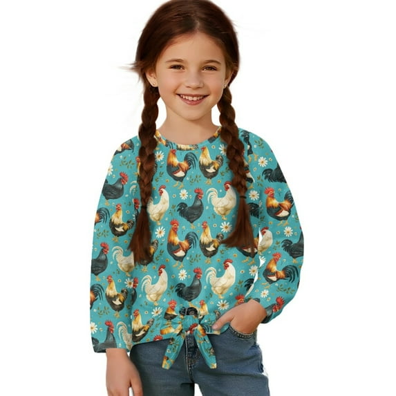 Xixirimido Teal Roosters Daisy Floral Printed Girls Long Sleeve Shirt Kids Crewneck T-Shirts Trendy 3D Graphic Tie-hem Cute Tees for Fall Winter, Size 5-6
