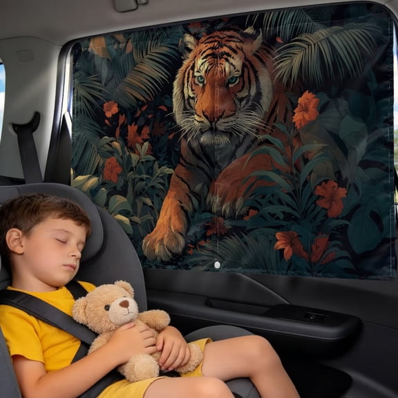 Xixirimido Tiger Jungle Print Car Window Shades Dual Layer Car Rear Side Window Sunshade Full Blackout Semi-Transparent Universal Auto Sun Shade