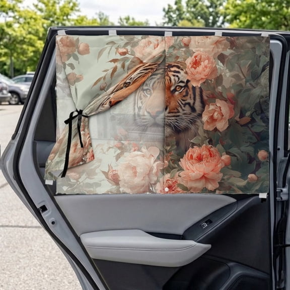 Xixirimido Tiger Pink Peony Flower Print Car Window Shades Dual Layer Car Rear Side Window Sunshade Full Blackout Semi-Transparent Universal Auto Sun Shade