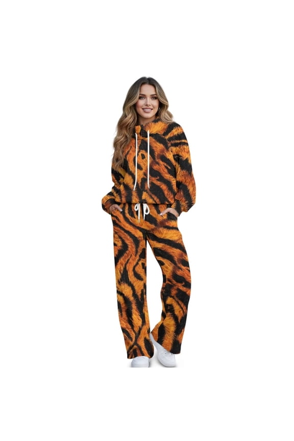 Tiger Skin Print Women's 2 Piece Outfits Lounge Set Mock Neck Long Sleeve Sweatshirt With Wide Leg Pants Sweatsuits Fall Fashion Airport Tracksuit, Large