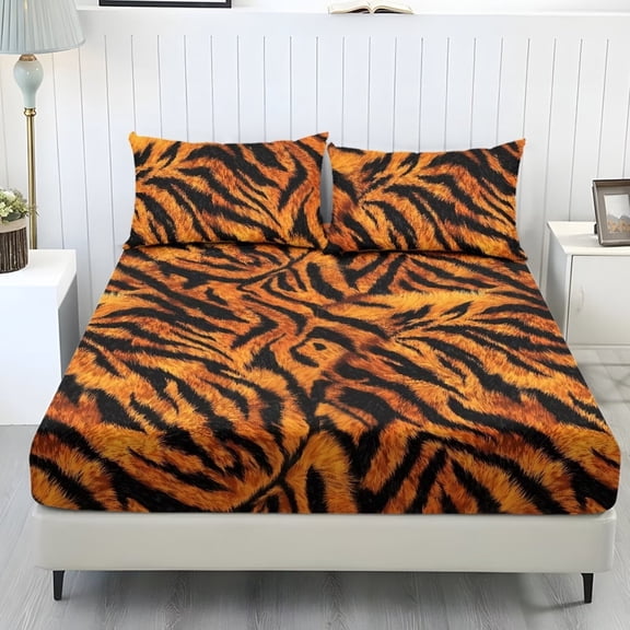 Xixirimido Tiger Stripe Print Sheet Set Soft Fade Resistant 3 Piece Bed Sheet Set All Around Elastic Fitted Sheet & Pillowcases Home Bedroom Decor, King Size