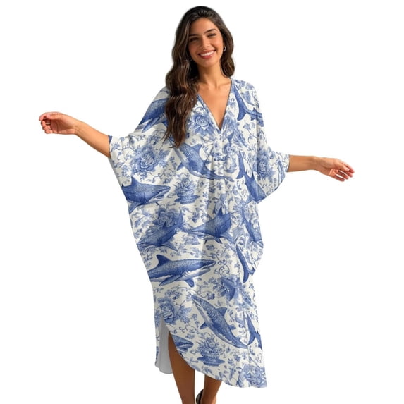 Xixirimido Toile De Jouy Sharks Print Kaftan Dresses for Women Plus Size V-Neck Moo Moos Batwing Sleeve Caftan Beach Dress Bathing Suit Cover-Up Loungewear