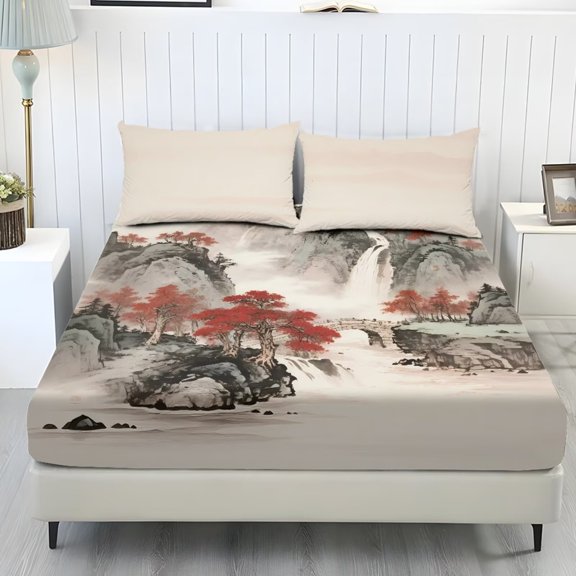 Xixirimido Traditional Chinese Landscape Print 3-Piece Bedding Set Hotel Luxury - Deep Pocket Fitted Sheet & 2 Pillowcases - Ultra Soft & Wrinkle Resistant, Twin Size