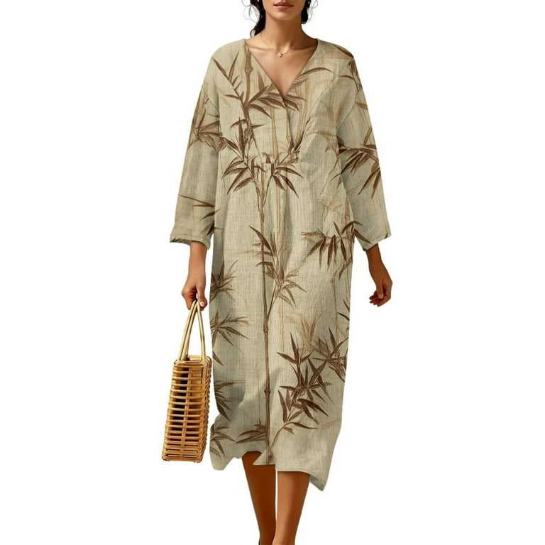 Xixirimido Boho Floral Orange Print Women's Casual 3/4 Sleeve Midi Dress V  Neck A-Line Loose Flowy Linen Dress Beach Travel Long Dresses for Spring ...