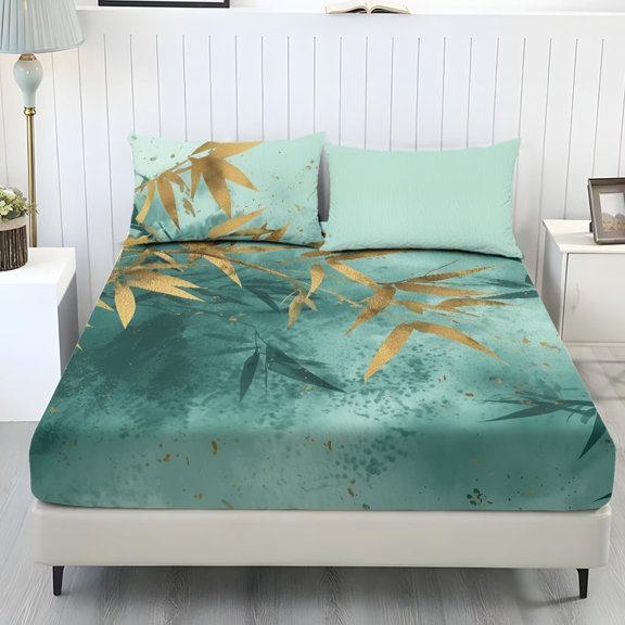 Xixirimido Tree Leaf Green Print Fitted Sheet with Pillowcases 3 Piece Set Deep Pocket Fitted Sheet for Bedroom Ultra Soft Fitted Bottom Sheet, Fade Resistant, Twin Size