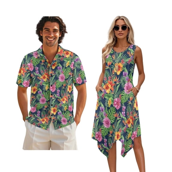 Xixirimido Tropical Hibiscus Hydrangea Leaf Print Matching Couple Outfits Men’s Button-down Hawaiian Shirt Women Sleeveless Midi Dress with Pocket Couples Matched Summer Outfits, Size S