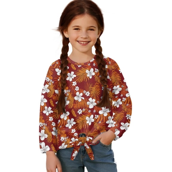 Xixirimido Tropical Hibiscus Palm Leaf Printed Girls Casual T-Shirt Crew Neck Tunic Tops Long Sleeve Loose Fit Soft Blouse Tie-hem Tees for Fall Winter, Size 5-6