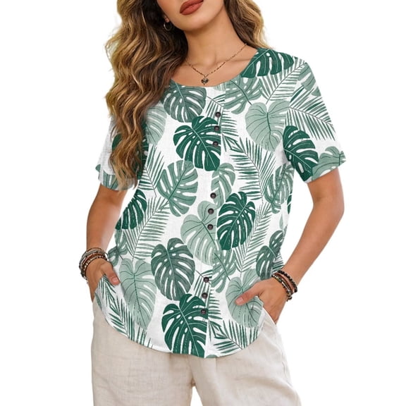 Xixirimido Tropical Palm Leaf Print Womens Short Sleeve Blouses Crew Neck Button Decor Shirts Printed Tops Loose Fit Casual Summer Outfit for Beach Vacation, 4XL