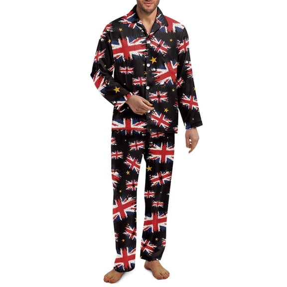 Xixirimido Union Jack Print Mens Pajama Set Long Sleeve Sleepwear Classic Button Down Loungewear Soft Sleepwear Pj Set with Pockets, Medium