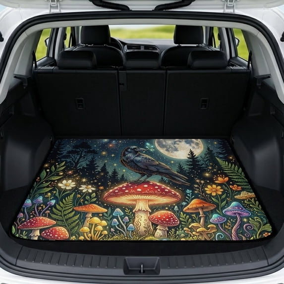 Xixirimido Universal Car Trunk Mat 29" x 39", All Weather Trunk Protection Durable Cargo Liner Mat Auto Interior Accessories Fit for Most Car Models, Crow Mushroom Starry Night
