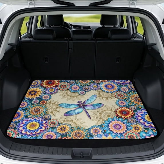Xixirimido Universal Car Trunk Mat All Weather Trunk Protection Cargo Liner, Durable Non-slip Cargo Mat Rear Trunk Liner Car Accessories, Vibrant Boho Mandala Dragonfly