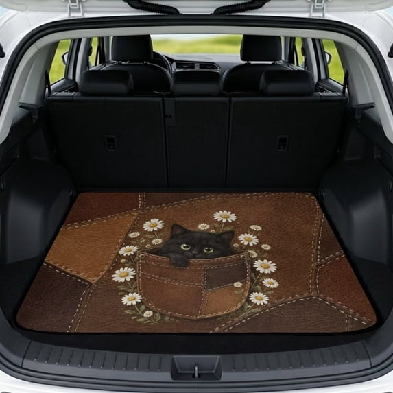 Xixirimido Universal Car Trunk Mat, All Weather Trunk Protection Cargo Liner Stylish Auto Interior Accessories Durable Cargo Mat 29" x 39", Black Cat Pocket Daisy