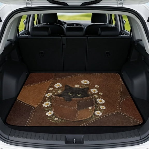 Xixirimido Universal Car Trunk Mat, All Weather Trunk Protection Cargo Liner Stylish Auto Interior Accessories Durable Cargo Mat 29" x 39", Black Cat Pocket Daisy