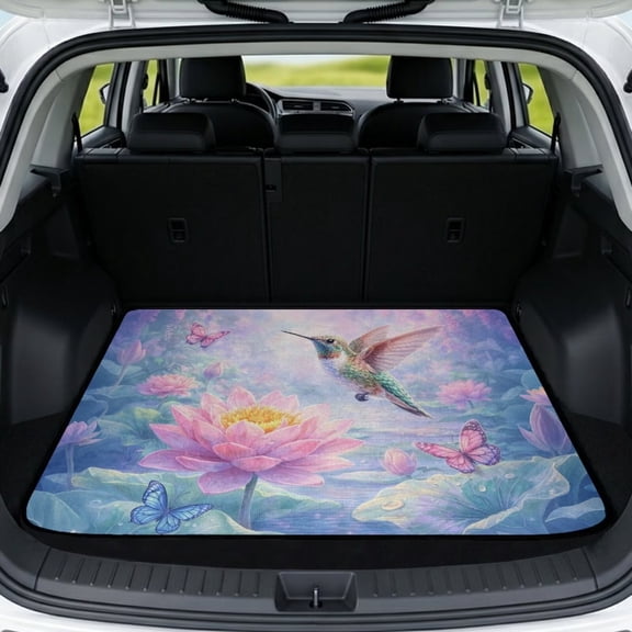 Xixirimido Universal Car Trunk Mat, All Weather Trunk Protection Cargo Liner Stylish Auto Interior Accessories Durable Cargo Mat 29" x 39", Butterfly Hummingbird Lotus Flower