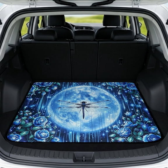 Xixirimido Universal Car Trunk Mat, All Weather Trunk Protection Cargo Liner Stylish Auto Interior Accessories Durable Cargo Mat 29" x 39", Dragonfly Blue Moon Roses
