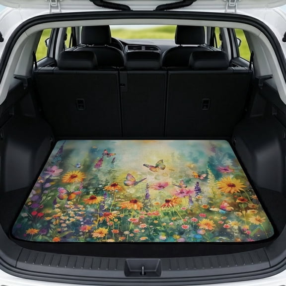 Xixirimido Universal Car Trunk Mat, All Weather Trunk Protection Cargo Liner Stylish Vehicle Interior Accessories Durable Cargo Mat 29" x 39", Butterfly Vibrant Sunflower