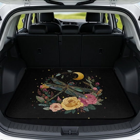 Xixirimido Universal Car Trunk Mat, All Weather Trunk Protection Cargo Liner Stylish Vehicle Interior Accessories Durable Cargo Mat 29" x 39", Dragonfly Moon Rose