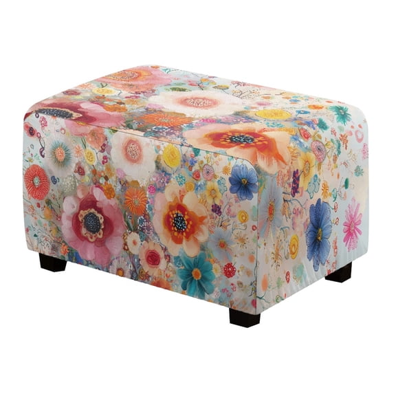 Xixirimido Vibrant Bohemian Flowers Pattern Ottoman Cover Rectangle Storage Ottoman Slipcover Stretch Footrest Stool Covers with Elastic Band for Rectangle and Square Ottoman,Small
