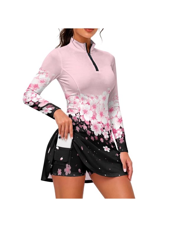 Vibrant Cherry Blossom Print Long Sleeve Tennis Dress for Women, Athletic Dress with Built in Shorts, 1/4 Zip Golf Dress Workout Dresses with Pockets, Quick Dry, Small