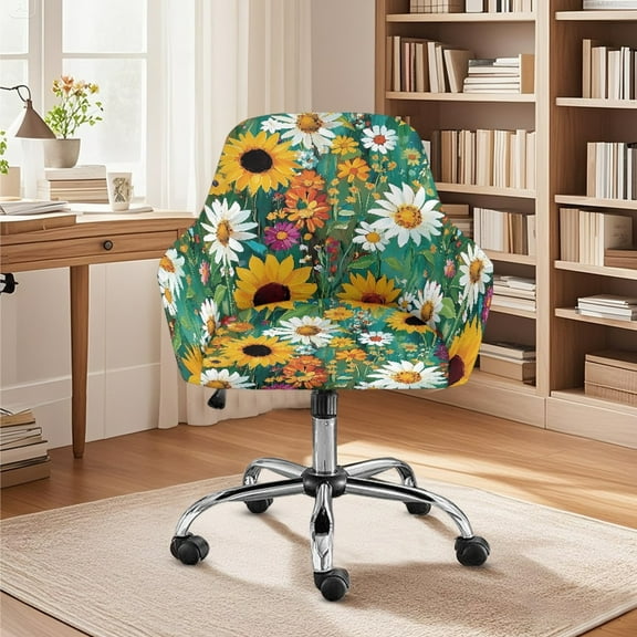 Xixirimido Vibrant Daisy Flower Pattern Office Arm Chair Cover Swivel Dining Chair Slipcover Curved Back Armrest Chair Covers Stretch Desk Chair Protector Cover for Home Office