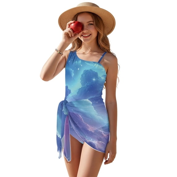 Xixirimido Vibrant Galaxy Print Girls Swimsuit One Piece with Removable Bra, One Shoulder Adjustable Strap Swimwear with Mesh Cover Up Bathing Suit for Girl, Size 7-8 Years