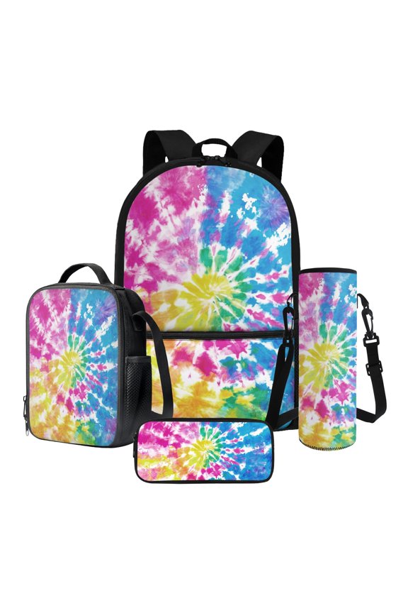 Vibrant Tie-dye Colorful Pattern 4Pcs School Backpack Set for Kids 17 Inch Large Bookbag with Insulated Lunch Box, Pencil Case, Water Bottle Holder Back to School Gifts