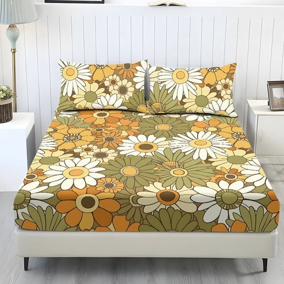 Xixirimido Vintage Daisy Flower Print Fitted Sheet and Pillowcases Set, Luxury Soft Bed Sheet All Around Elastic Bedsheet Deep Pocket, 1 Fitted Sheet and 2 Pillowcases, Twin Size