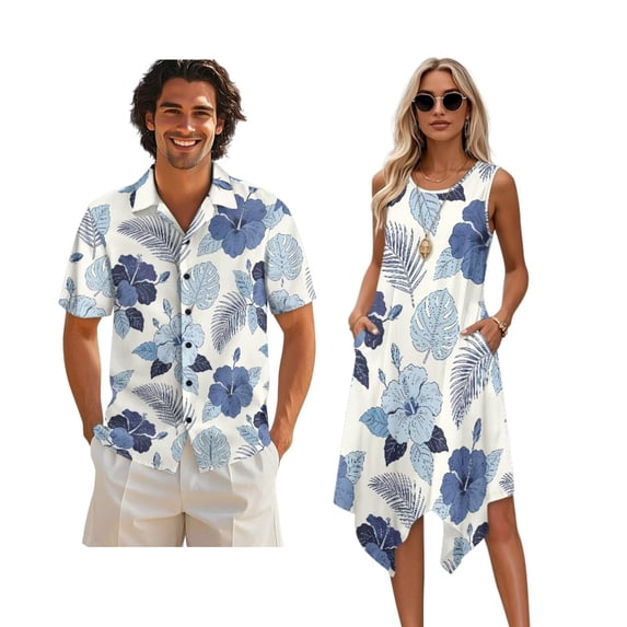 Xixirimido Vintage Hibiscus Palm Leaf Print Hawaii Couple Matching Outfit Men's Hawaiian Shirt and Women's Summer Sleeveless Dress Soft Midi Beach Dresses Matchable Couple Outfits, XL