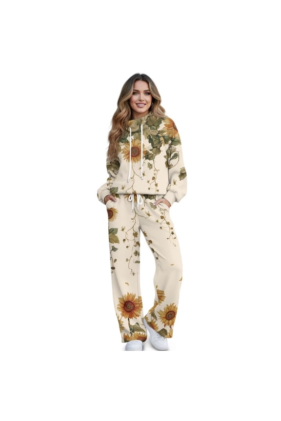 Vintage Sunflower Print Women’s Sweatsuits 2 Piece Outfit Fall Fashion Airport Lounge Sets Long Sleeve Sweatshirt Wide Leg Sweatpants Plus Size Tracksuit, X-Large
