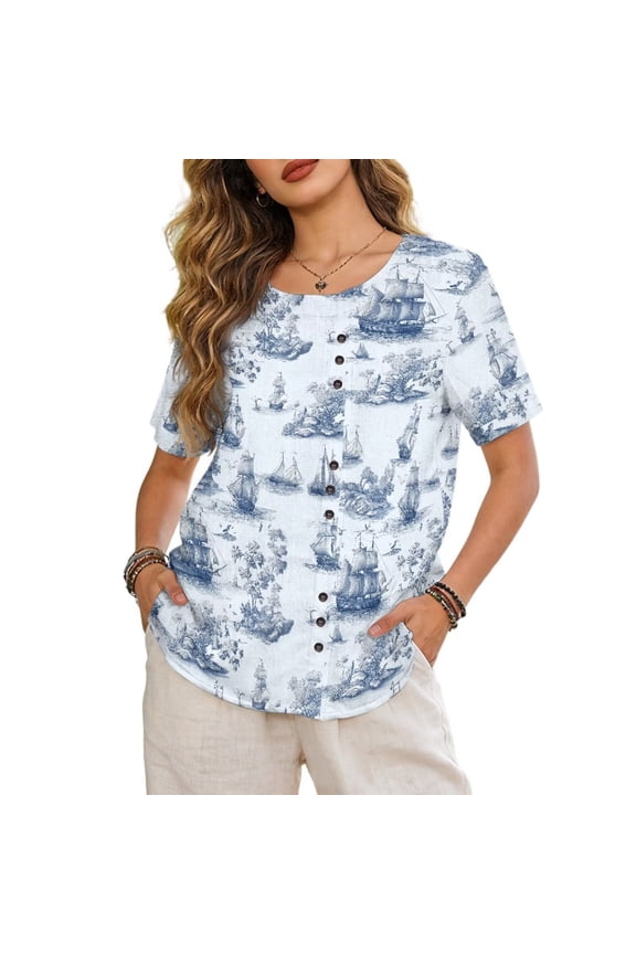 Vintage Toile De Jouy Print Women Summer Tops Crew Neck Short Sleeve T-shirt Fashion Blouse Loose Fit Linen-like Tunic Shirts for Beach Vacation, 3XL