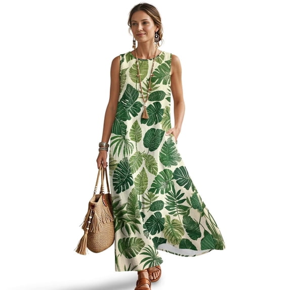 Xixirimido Vintage Tropical Leaf Print Sleeveless Maxi Dresses for Women Elegant A-line Flowy Dress with Pockets Casual Summer Dresses Beach Vacation Resort Wear, 4X-Large