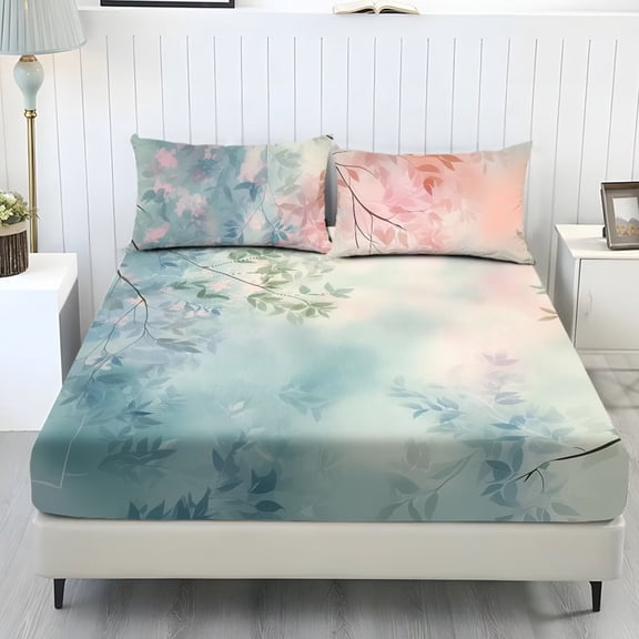 Xixirimido Watercolor Leaves Print Sheet Set Comfy Easy Care 3 Pieces Bedding Set 1 Fitted Sheet & 2 Pillowcases, All Around Elastic Bed Sheet for Women Men, Twin Size