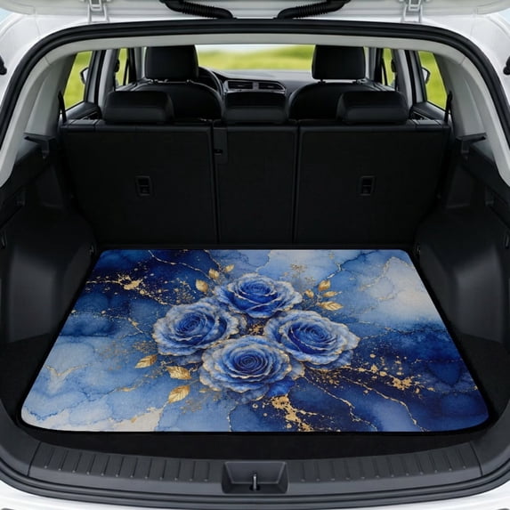 Xixirimido All Weather Car Trunk Mat 29" x 39" Decorative Cargo Liner, Heavy Duty Rear Trunk Protector Universal Auto Interior Accessories, Blue Marble Roses