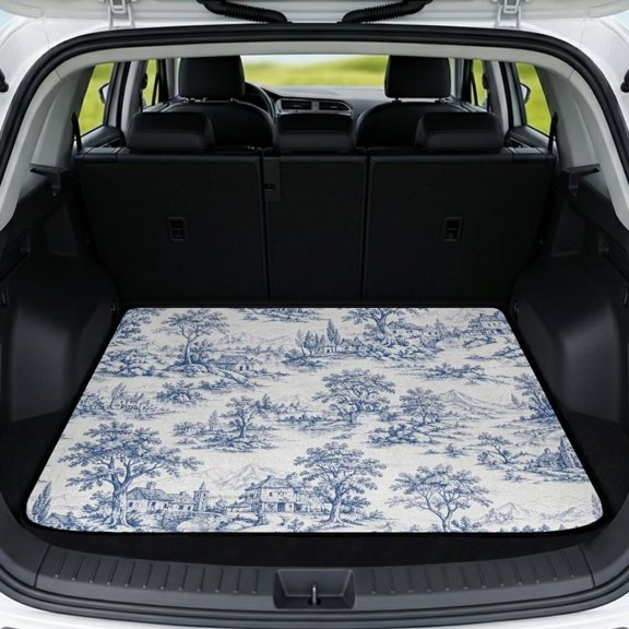 Xixirimido All Weather Car Trunk Mat 29" x 39" Decorative Cargo Liner, Heavy Duty Rear Trunk Protector Universal Auto Interior Accessories, Blue Toile de Jouy