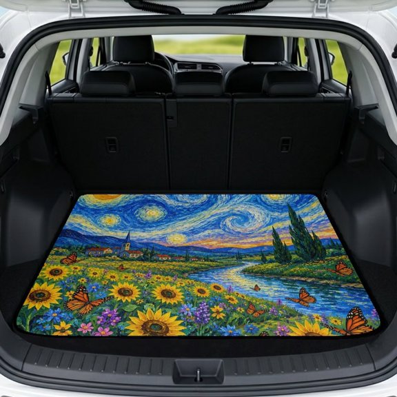 Xixirimido All Weather Car Trunk Mat 29" x 39" Decorative Cargo Liner, Heavy Duty Rear Trunk Protector Universal Auto Interior Accessories, Starry Night Butterfly Sunflower