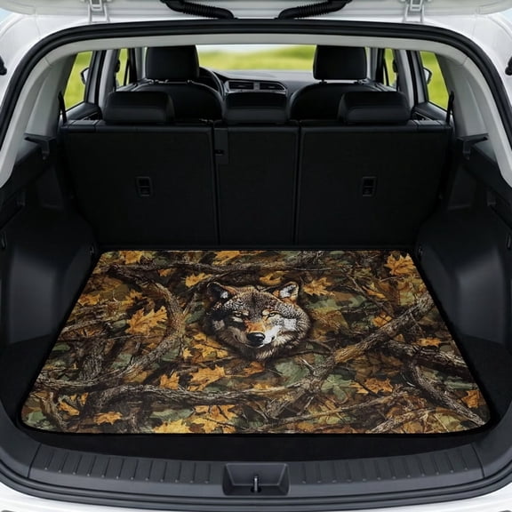 Xixirimido All Weather Car Trunk Mat 29" x 39" Decorative Cargo Liner, Heavy Duty Rear Trunk Protector Universal Auto Interior Accessories, Wolf Forest Camo