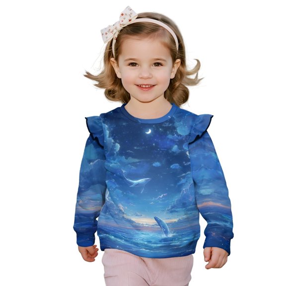 Xixirimido Whale Sea Blue Print Toddler Girls Fall Winter Sweatshirt Long Sleeve Ruffle Trim Pullover Top Cute Graphic Crewneck Sweater Outfit, for 7-8Y