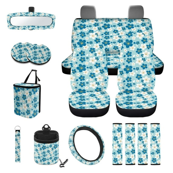 Xixirimido White Blue Cherry Blossom Pattern Car Seat Covers 15Pcs Full Set Car Steering Wheel Cover Seat Belt Cover Trash Bin Air Vent Storage Box Rear View Mirror Car Cup Holder Keychain