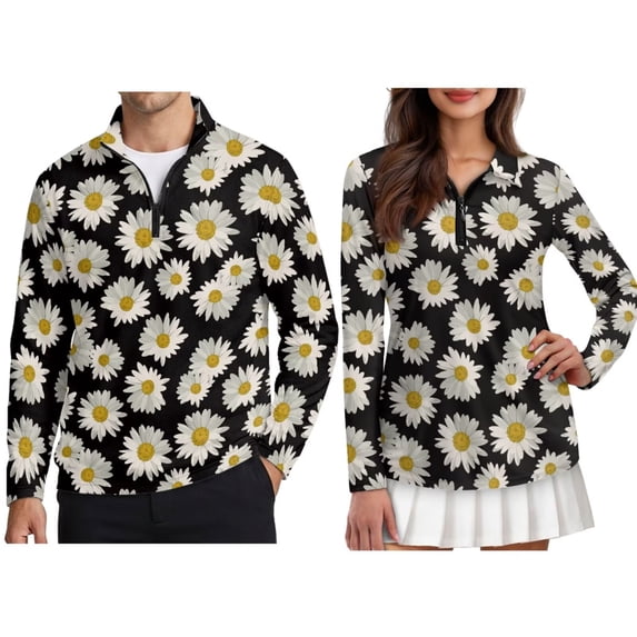 Xixirimido White Daisy Print Matching Golf Shirts for Couples Funny Golf Polo Shirts for Men Women Couples Matching Outfits Short Sleeve Golf Polos, S