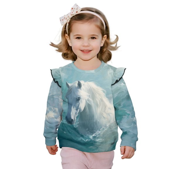 Xixirimido White Horse Print Girls Toddler Sweatshirt Long Sleeve Ruffle Shoulder Pullover Sweater Graphic Crewneck Top Cozy Fall Winter Clothes, for 3-4T