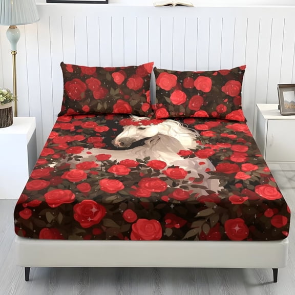 Xixirimido White Horse Red Roses Print Bed Sheets Set 3 Piece Bedding Sheet Set, Comfy Non-Slip Bedsheet & Pillowcases Deep Pocket Fitted Sheet for Women Men, Twin Size