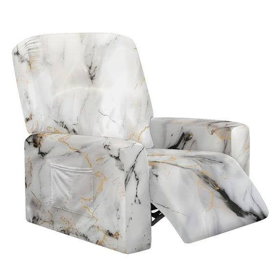 Xixirimido White Marble Design Pattern Recliner Slipcovers 4 Pieces Stretch Lazyboy Recliner Chair Cover Non Slip Recliner Couch Covers with Storage Pockets Furniture Protector