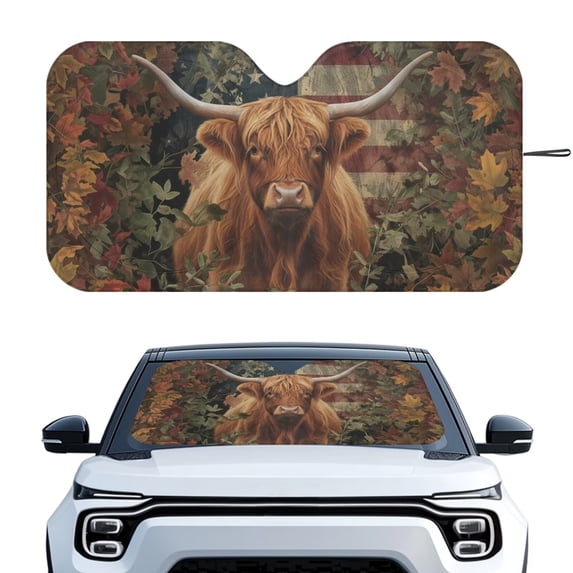 Xixirimido Windshield Sunshade for Car Foldable Front Window Cover Sun Shade Sun Visor Block UV Rays Universal Fit Automotive Accessories, American Flag Highland Cattle Leaves