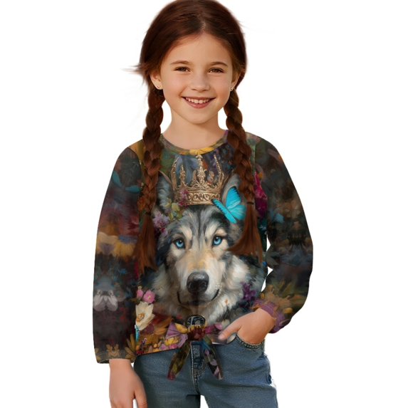 Xixirimido Wolf Butterfly Floral Pattern Girls Long Sleeve Shirt Kids Crewneck T-Shirts Trendy 3D Graphic Tie-hem Cute Tees for Fall Winter, Size 5-6