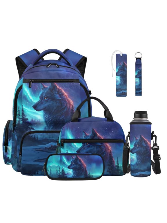 Wolf Forest Galaxy 6 in 1 Kids Backpack Set with Insulated Lunch Bag Pencil Case Water Bottle Sleeve Keychain Bookmark, 17 Inch School Bookbag for Boys Back to School