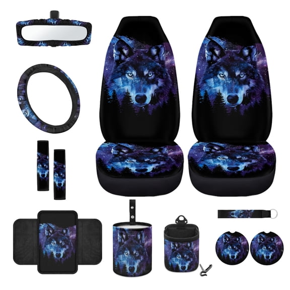 Xixirimido Wolf Forest Galaxy Car Front Seat Covers 12Pcs Set with Steering Wheel &Seat Belt Cover Car Trash Can Armrest Cover Air Vent Bag Rear View Mirror Cover Cup Coasters Kychain
