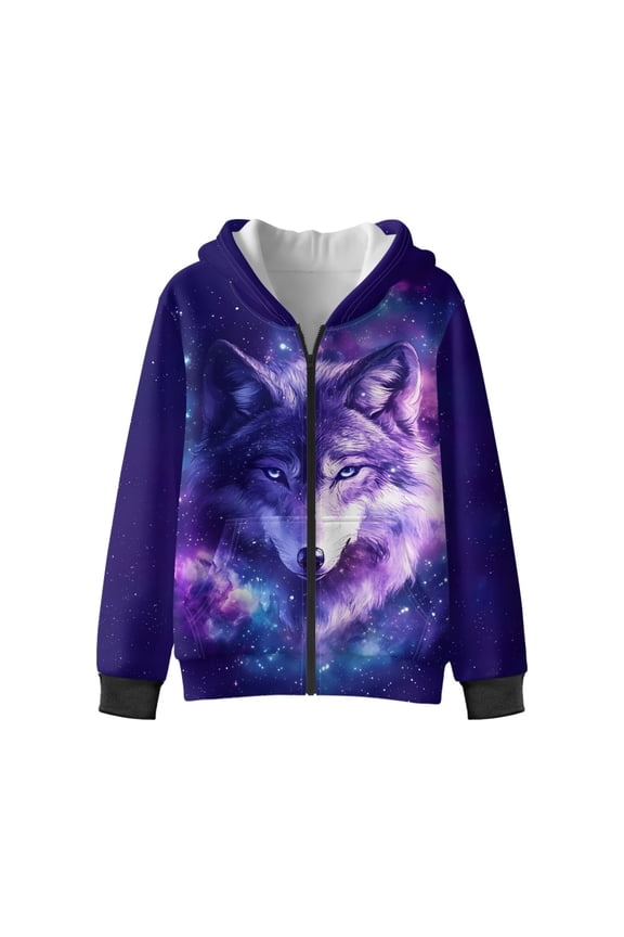 Wolf Galaxy Purple Pattern Kids Hoodies for Boys Girls Zip Up Hoodie Sweatshirt 3D Graphic Long Sleeve Pullover Top with Pocket for Fall Winter for 9-11 Years