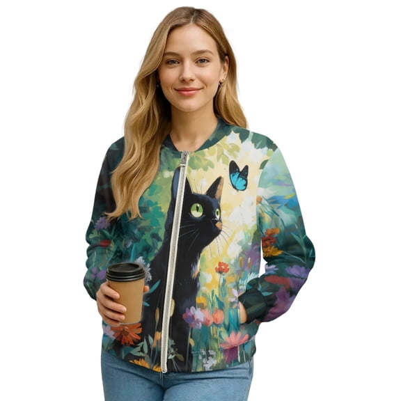 Xixirimido Women Bomber Jacket with Pockets Stand Collar Cropped Coat Lightweight Zip Up Jacket Streetwear for Fall Winter, Black Cat Butterfly Floral, 3X-Large