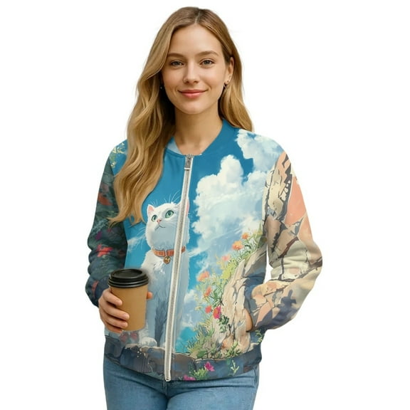 Xixirimido Women Bomber Jacket with Pockets Stand Collar Cropped Coat Lightweight Zip Up Jacket Streetwear for Fall Winter, Cat Vibrant Floral, 3X-Large