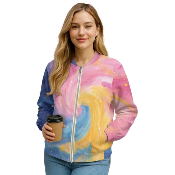 Xixirimido Women Bomber Jacket with Pockets Stand Collar Cropped Coat Lightweight Zip Up Jacket Streetwear for Fall Winter, Colorful Galaxy, Medium